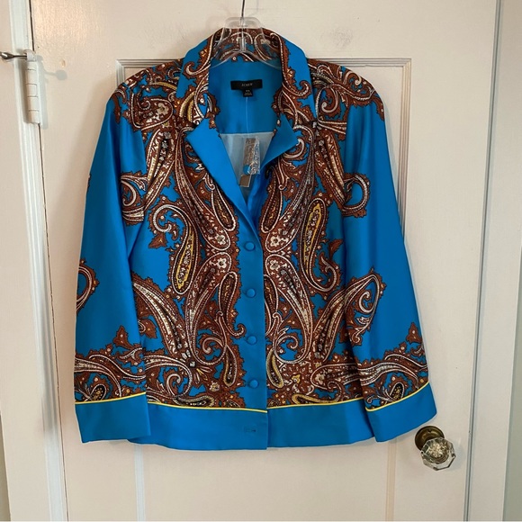 J. Crew Drapey Button-Up Shirt in Paisley Print, XS Turquoise Blue - Picture 2 of 15